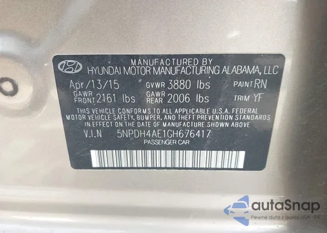 2016 Hyundai Elantra Value Edition z USA, uszkodzony, nr VIN 5NPDH4AE1GH676417